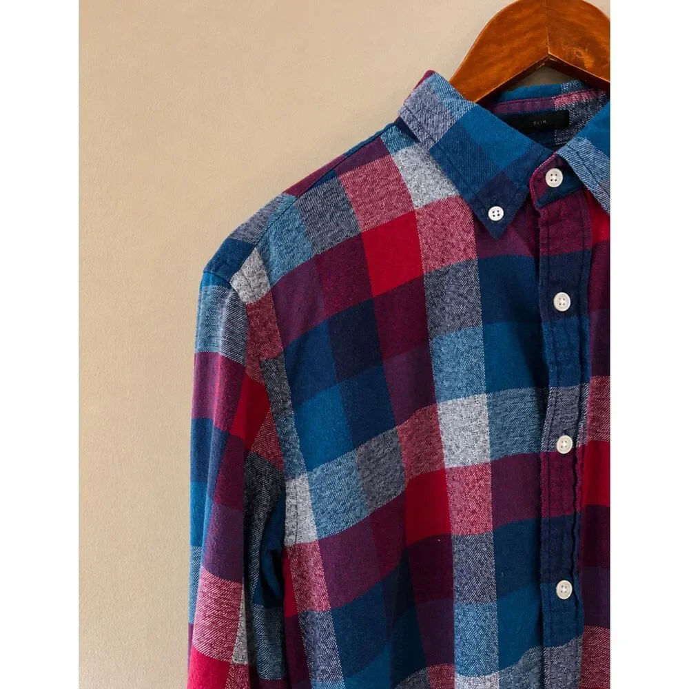 J Crew Mens Slim Flannel Plaid Shirt Size M Burgundy Navy Preppy Fall